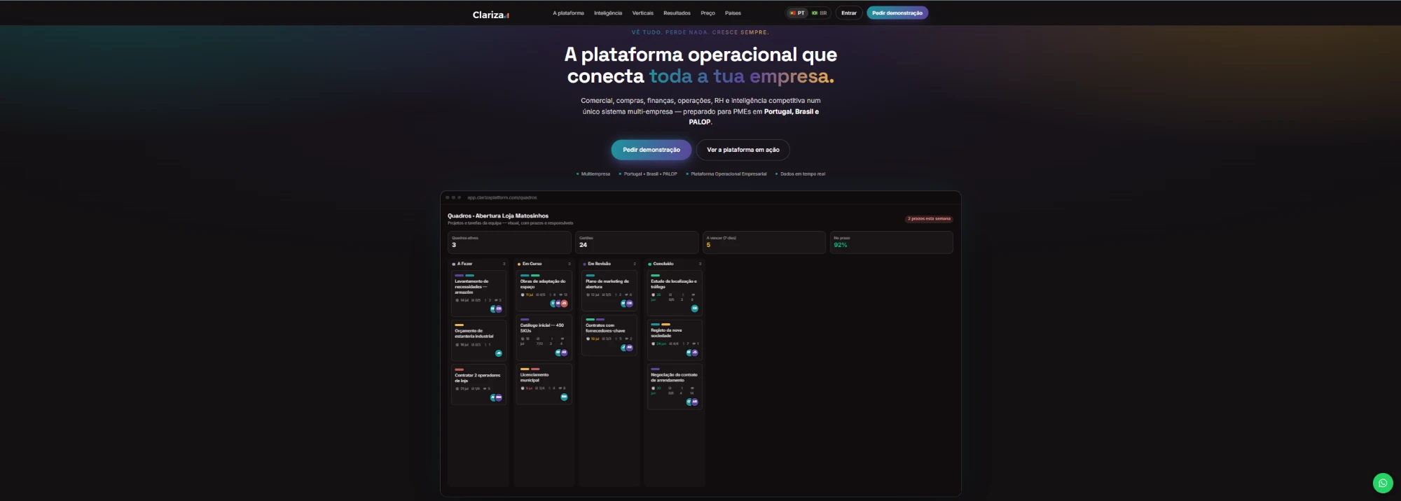 Página inicial da Clariza Platform com o quadro de projetos