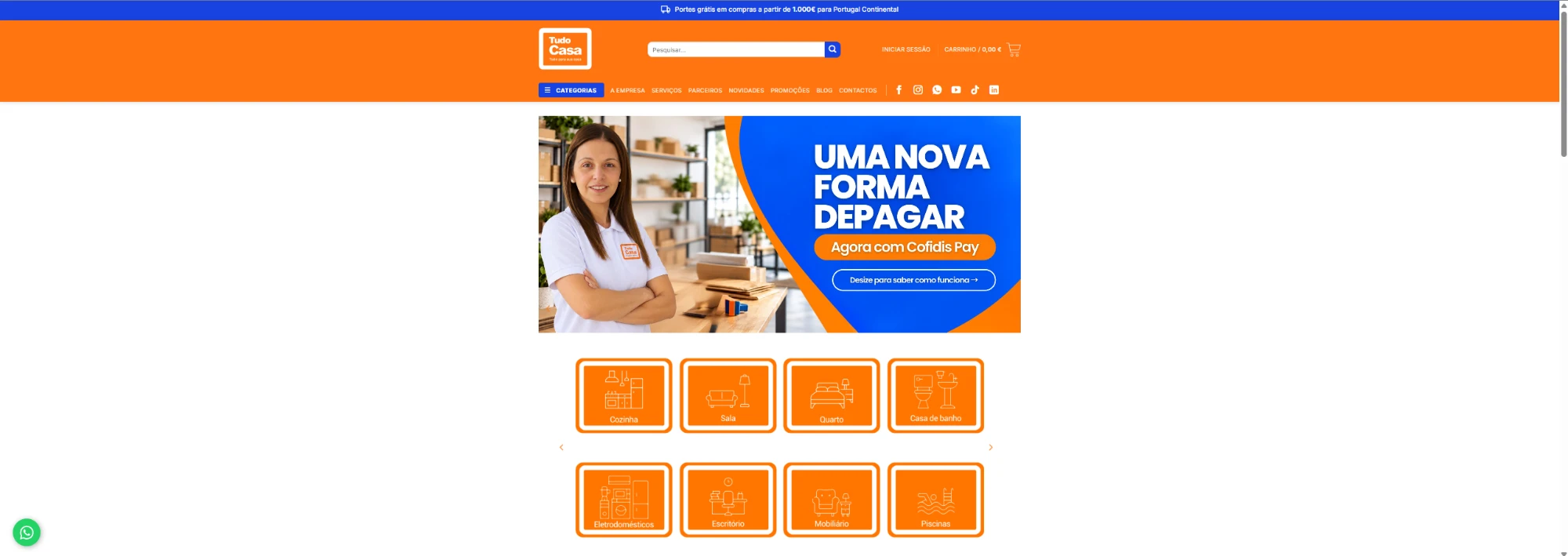 Loja online Tudo Casa com categorias e destaque Cofidis Pay